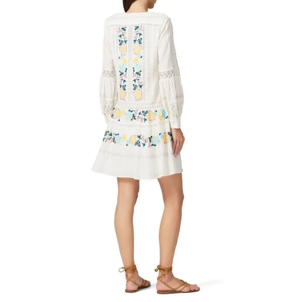 Tory Burch Mini Dress Women's XS White Blue Embroidered Boho Long Sleeve V-Neck